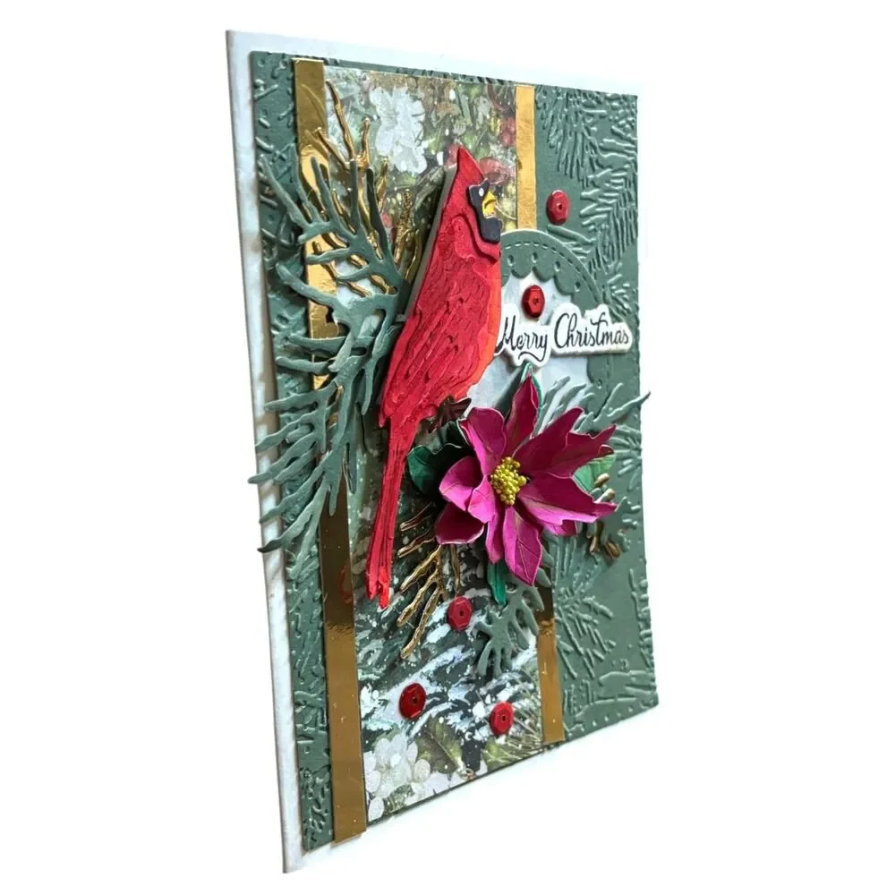 Handmade 3D Cardinal Christmas Card Gold Green Holiday Seasonal Greetings
